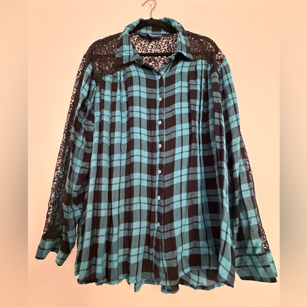 Lace Cutout Denim 24/7 Aqua Plaid Button Down Shirt Size 18W Long Sleeve Top